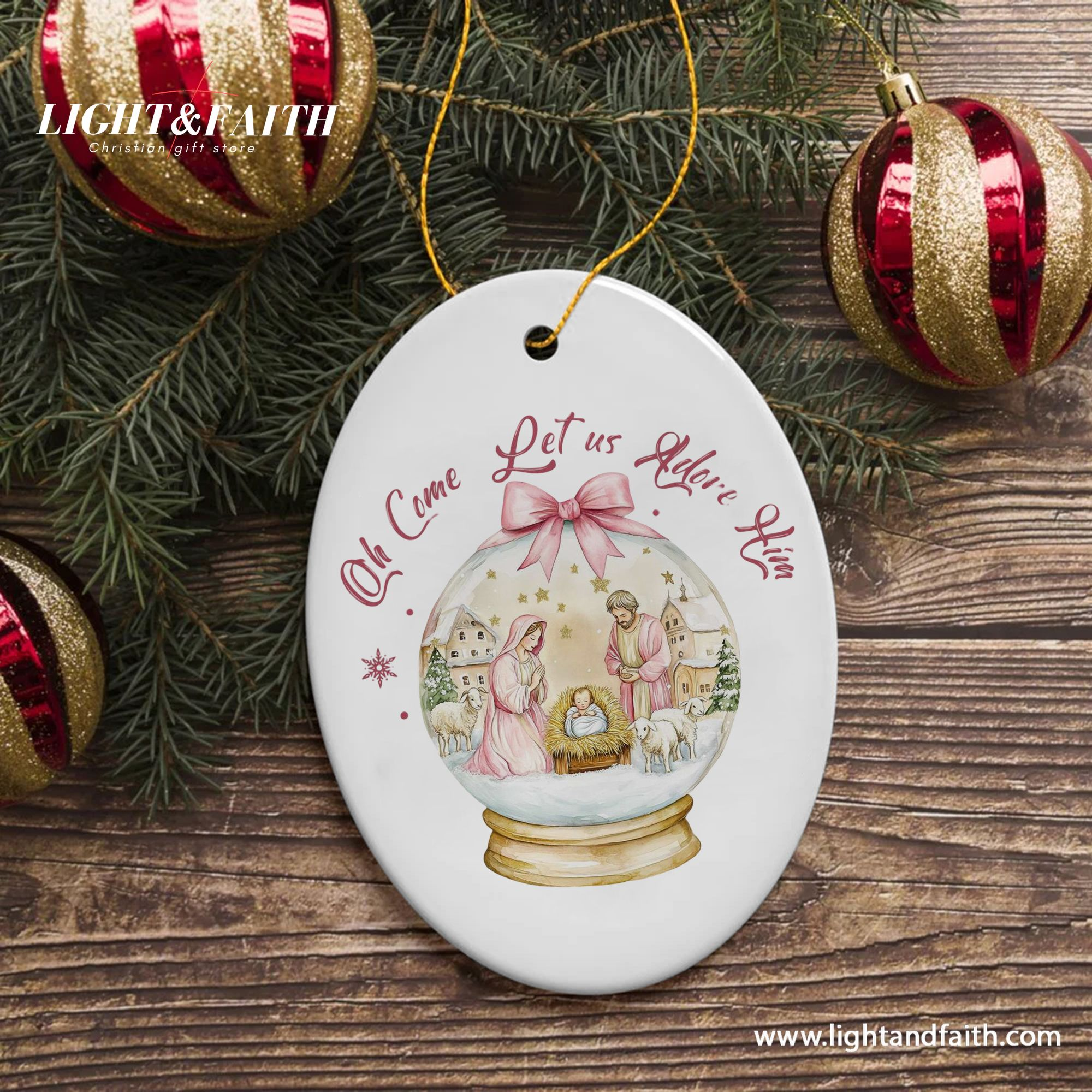 Oh Come Let Us Adore Him Christmas Ornament, Nativity Scene Snow Globe Design, Christian Holiday Decoration, Religious Xmas Tree Decor DCLAF45